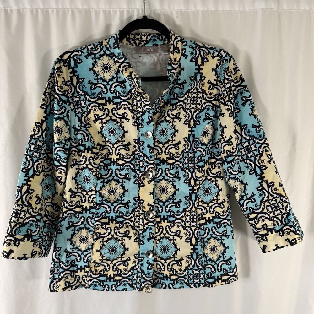 Chico's Jacket Women's 1 Medium Blue Yellow Floral 3/4 Sleeve Button Up
